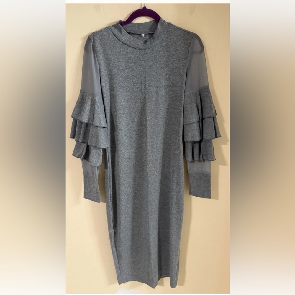 Elegant Gray Ruffle Sleeve Dress